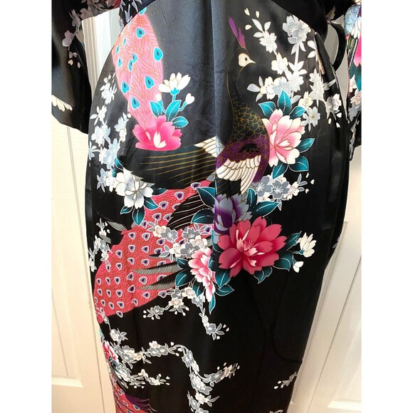 Vtg NWT BABEYOND Satin Kimono Robe Women's M/L Black Floral Peacock Y2K Boho - Picture 5 of 13